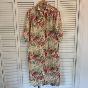 VTG Models Coat House Dress Floral Rose Cotton 8 Yellow Snaps Slits Pockets USA